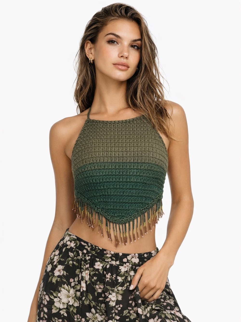 Agua Bendita Crochet Fringe Halter Crop Top Green Ombre • NWT